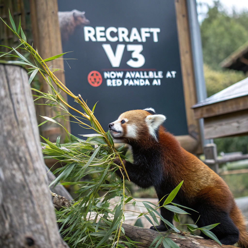 AI generated image by Red Panda AI: a red panda eating a bamboo in front of a poster that says "recraft V3 now available at red panda ai
