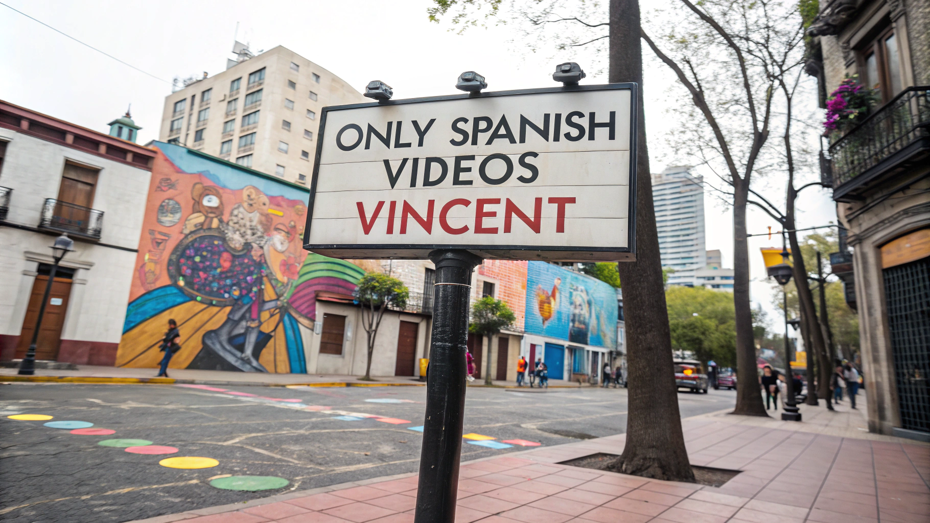 AI generated image by Red Panda AI: a sign in mexico city that says "Only Spanish Videos Vincent"