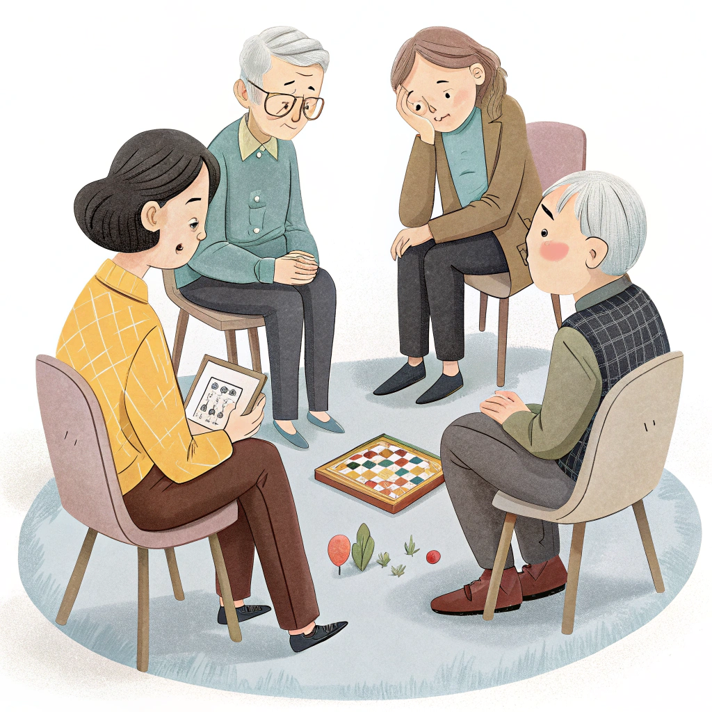 AI generated image by Red Panda AI: j'aimerai une image montrant un groupe de parole de personnes âgés tous tristes avec deux psychologues neutres. Une seule des personnes âgé doit tenir un jeu dans sa main. Le fond doit être blanc avec peu de décoration