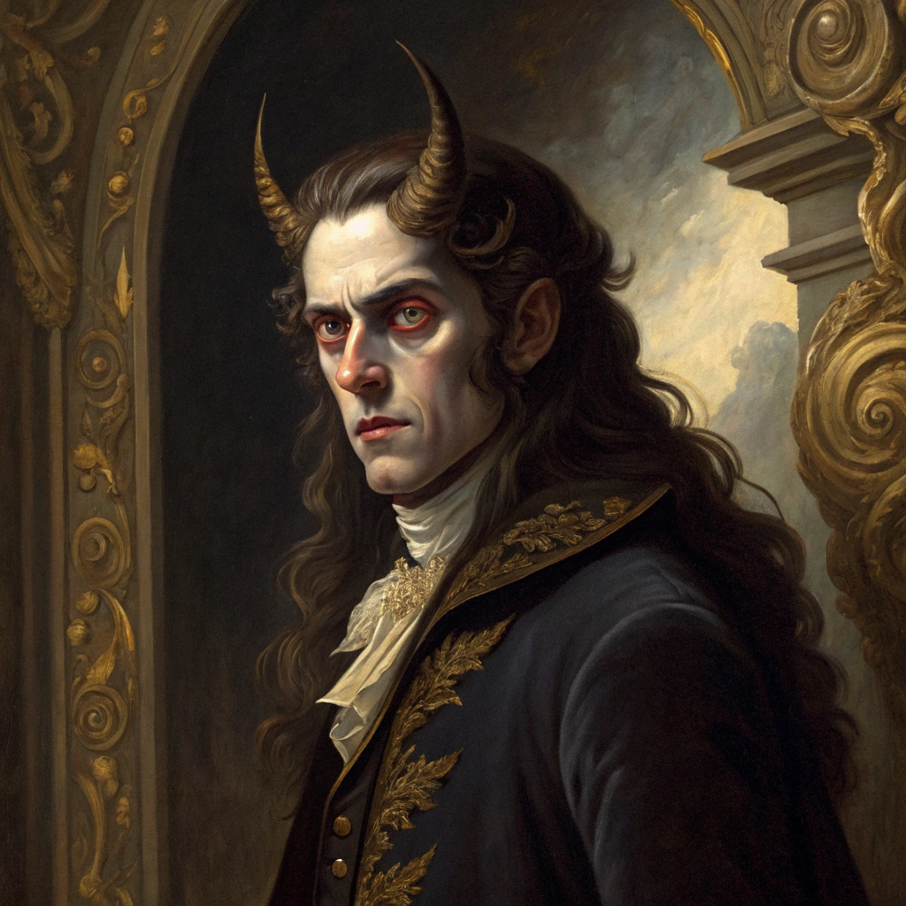 AI generated image by Red Panda AI: Pintura barroca de un demonio aparentando ser una persona que mira fijamente al autor de la pintura.