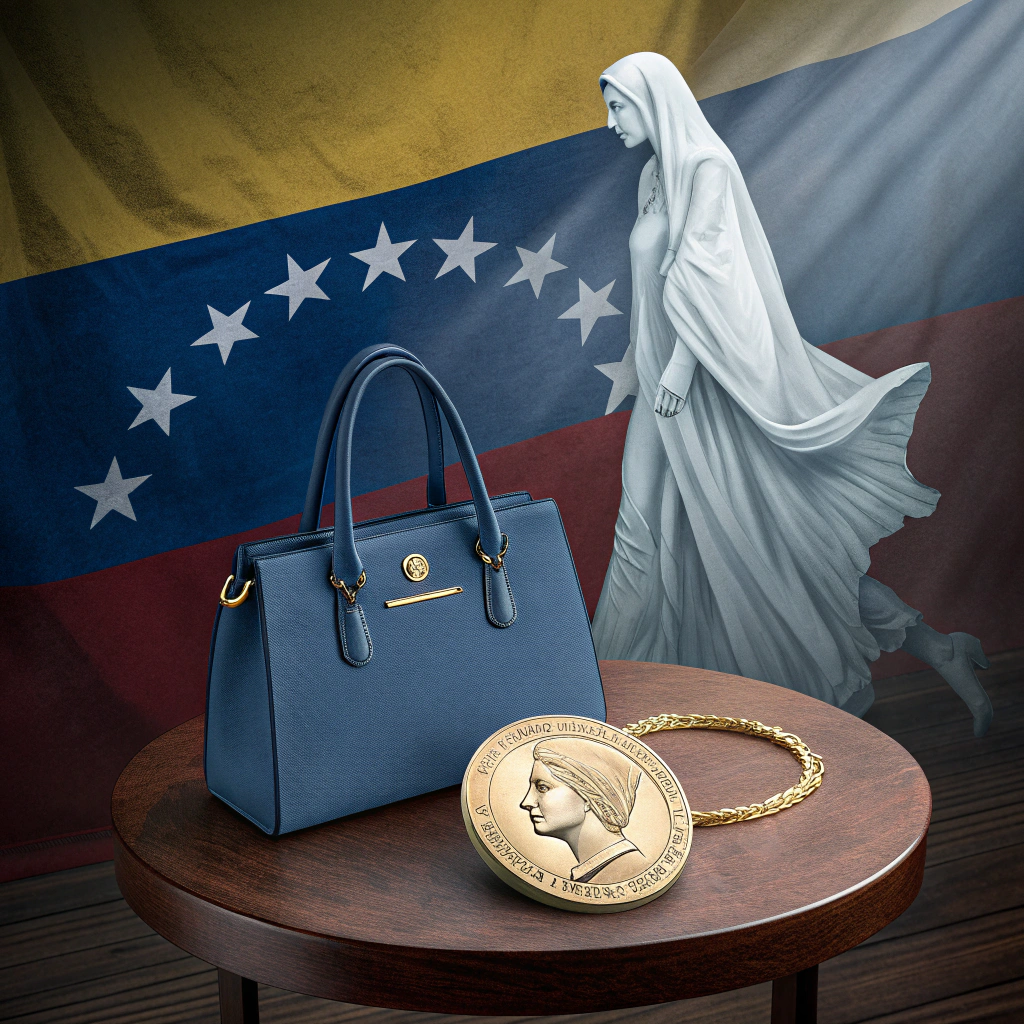 AI generated image by Red Panda AI: una mesa con la medalla del premio nobel de la paz y un bolso de mujer azul con un fondo de la bandera de venezuela y el fantasma de Jose Gregorio Hernandez