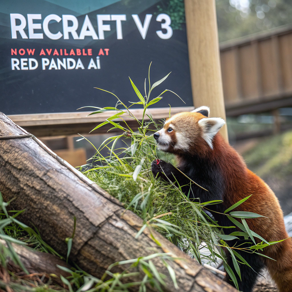 AI generated image by Red Panda AI: a red panda eating a bamboo in front of a poster that says "recraft V3 now available at red panda ai