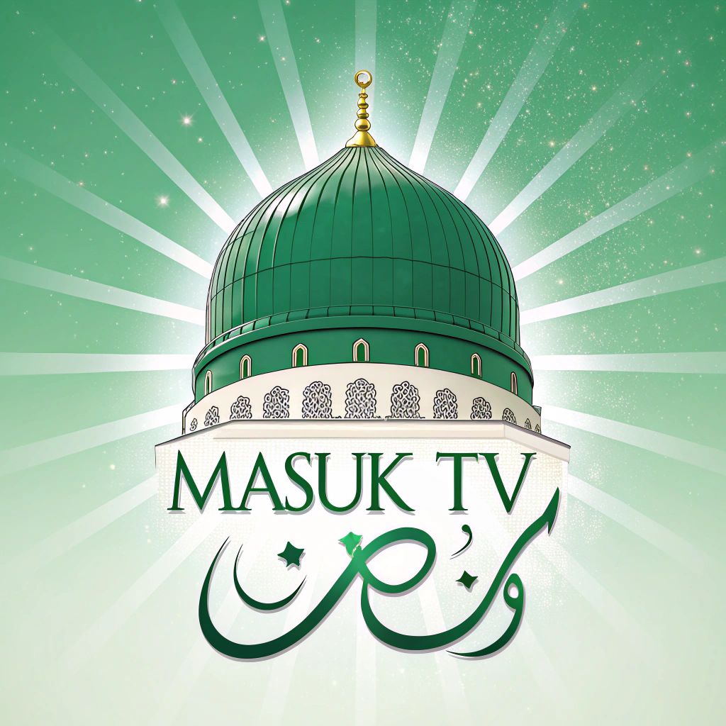 AI generated image by Red Panda AI: Create an Islamic logo with Maşuk Tv written on it, with a green dome and white light around it.