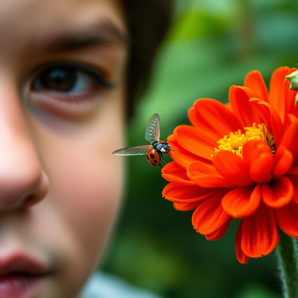 AI generated image by FLUX.1-schnell: A close-up image of a person intently observing a ladybug as it lands on a vibrant flower. The person’s face shows a sense of awe and fascination, with their eyes focused on the delicate ladybug. The ladybug is captured in mid-flight, its wings a blur of motion, hovering near the flower with intricate details of the petals visible. The background is softly blurred, allowing the viewer to focus on the intimate interaction between the person and the ladybug, with natural, soft lighting enhancing the scene.