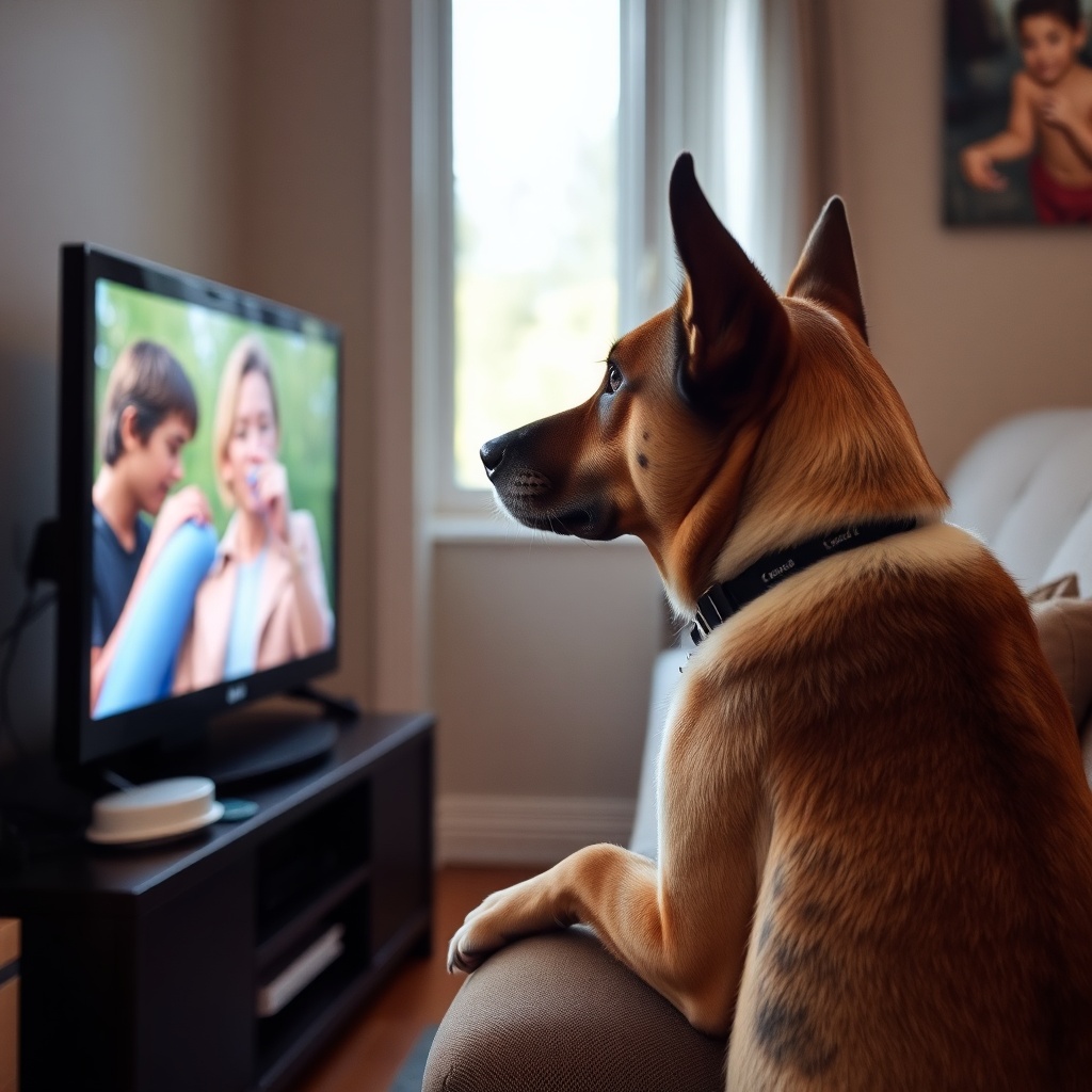 AI generated image by FLUX.1-schnell: Dog watching TV at home