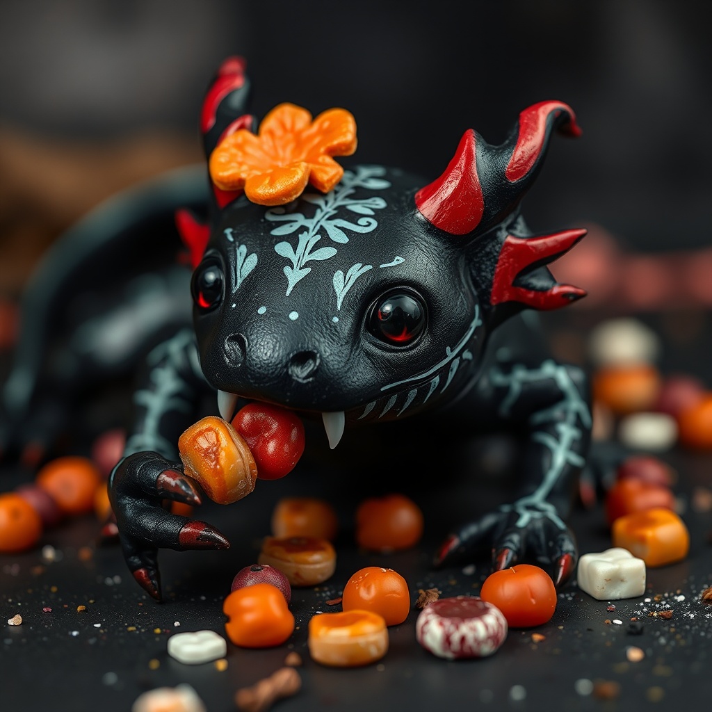 AI generated image by FLUX.1-schnell: Un Axolotl negro pintado de calavera en Halloween pidiendo dulces