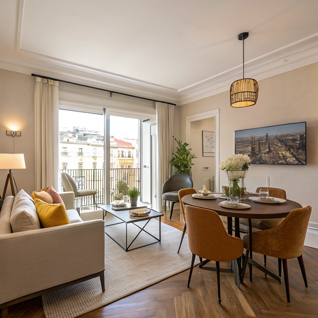 AI generated image by Red Panda AI: imagen de un salon comedor de un piso de España, de Madrid, de clase media-alta con muebles modernos, pero con aspecto cálido, tonos suaves y que tenga un ventanal que de a una amplia terraza.