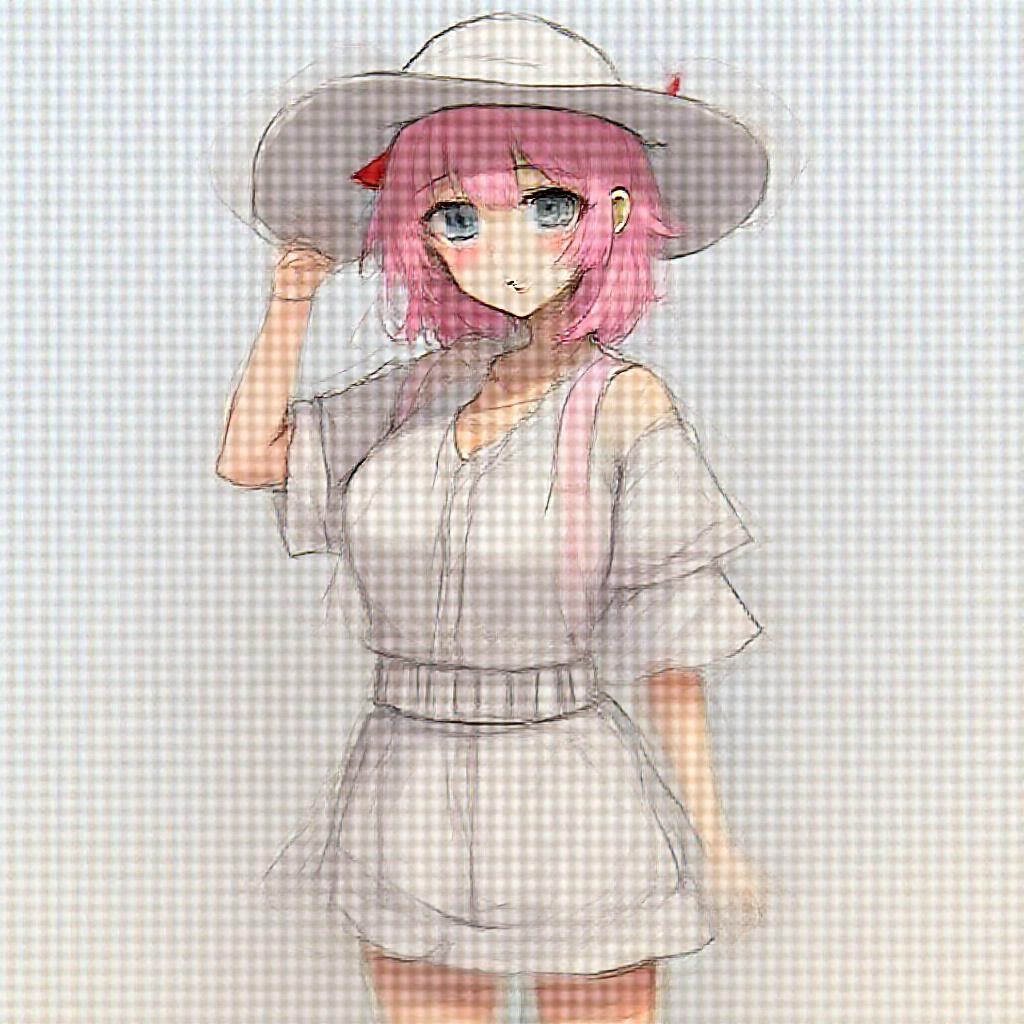 AI generated image by FLUX.1-pro: (masterpiece, best quality), anime style, Zero Two (Darling in the Franxx), semi-realistic shading, soft lighting, vibrant colors, clean lineart, detailed pink hair, red horns, cyan eyes, standing, front view, straight posture, relaxed expression, looking to the side, one hand touching a white sun hat, legs together, casual summer outfit