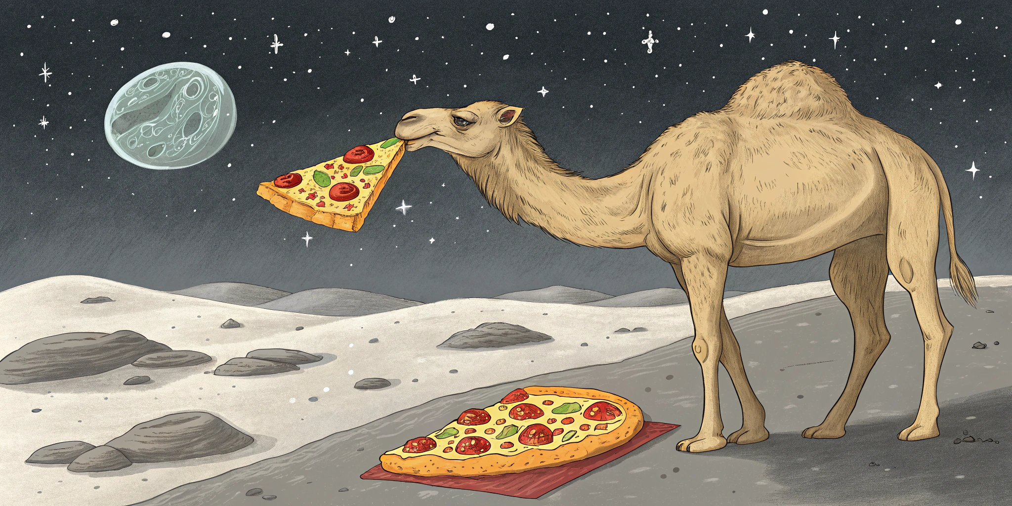AI generated image by Red Panda AI: Un camello en la luna comiendo pizza