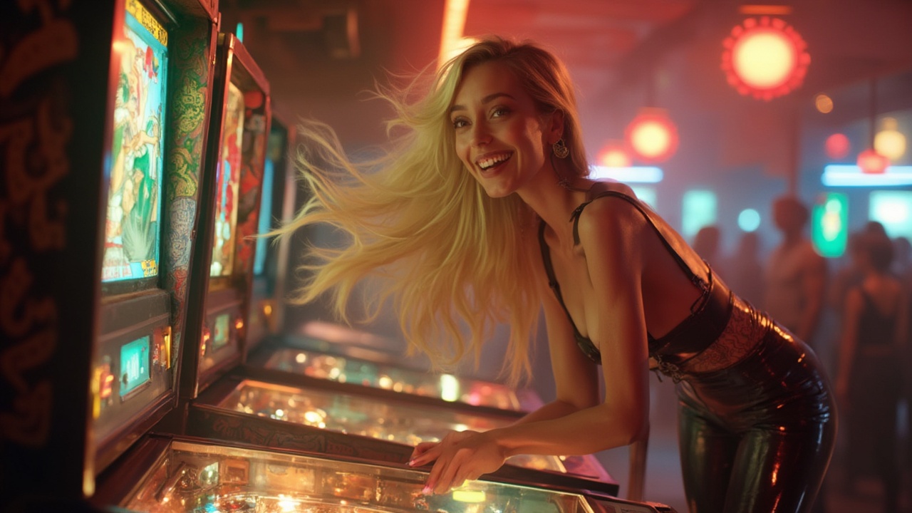 AI generated image by FLUX-Realism-Lora: a blond haired woman only wearing tight latex pants with suspenders and no bra no top is leaning over  a futuristic pinball machine playing and laughing and flowing hair in a futuristic bar both hands on the sides of the pinball machine