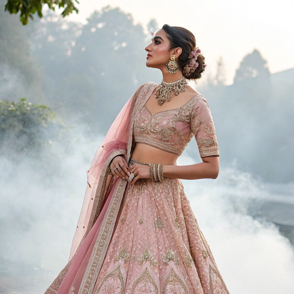 AI generated image by Red Panda AI: Beautiful Indian woman in misty rose brocade styled lehenga 