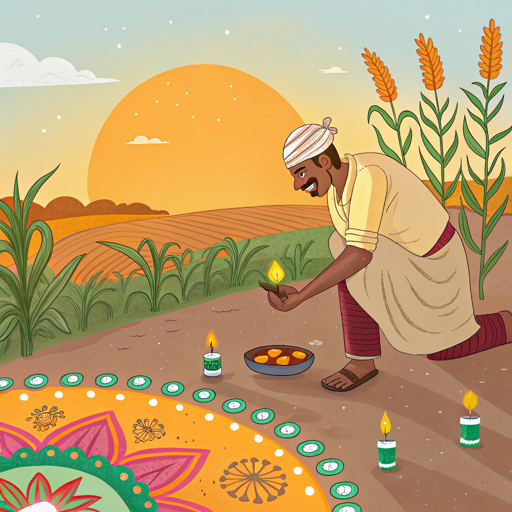 AI generated image by Red Panda AI: Create an image for deepavali (Diwali) being celebrated by  a south poor beaten up (as he works in farm in sun) Indian farmer 