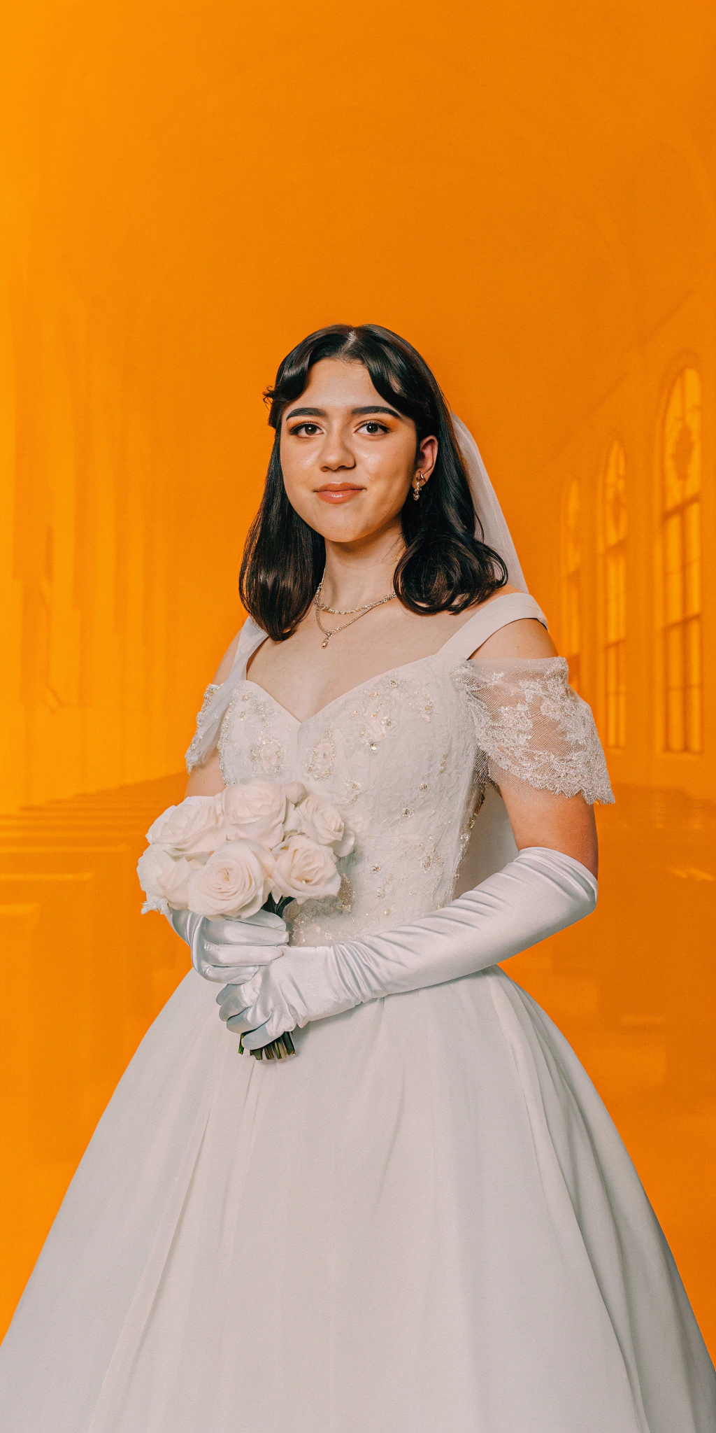 AI generated image by Red Panda AI: regal brunette bride, resplendent in an ivory-hued princess-style wedding gown with delicate French lace and intricately beaded bodice, majestically striding down the grand aisle of a majestic baroque-style Catholic church, her softly wavy dark hair escaping a puffed veil, as warm, golden candlelight dances across her features, casting a soft glow on her dainty elbow-length white silk gloves supporting an oversized bouquet of pure white roses, lush hydrangeas, and baby's breath, elegantly bound in ivory satin ribbon, a timeless pearl necklace complementing a sumptuous white fur stole around her neck, set amidst the soft, golden glow of candelabras and hand-painted stained glass windows, evoking the classical elegance