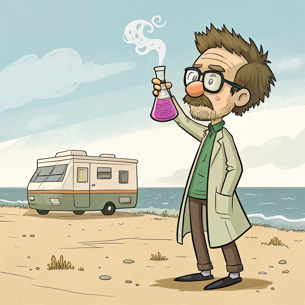 AI generated image by Red Panda AI: Professeur de chimie dans le style : breaking-bad, il a des cheveux courts non coiffés, des lunettes ovoïdes sur un gros nez, mal rasé. Il se trouve sur une plage déserte devant un vieux camping car et il tient un erlenmeyer dans lequel se trouve un liquide violet qui dégage une fumée rose