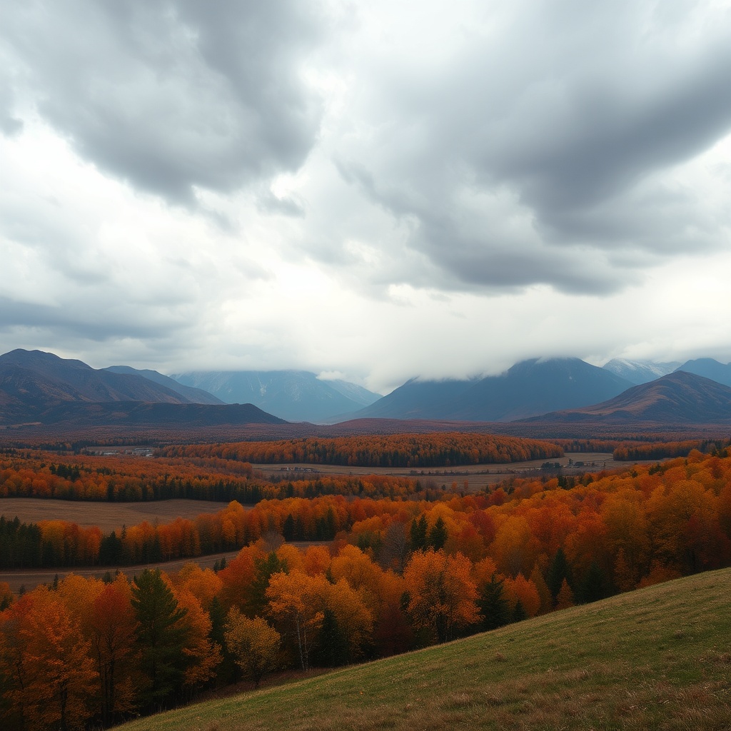 AI generated image by FLUX.1-schnell: A white stormy sky overlooking autumn fields with fantasy mountains in the background 