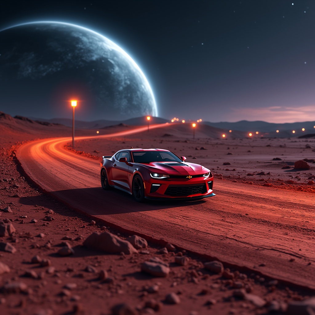 AI generated image by FLUX.1-pro: A crimson red Camaro zooms down the serpentine lunar highways, its sleek curves reflected in the moon's rusty red soil beneath. Behind it, the curved horizon of the Earth glows with a soft blue hue, as if painted by the rising stars in the velvety blackness of space. Streetlights flicker to life, casting a warm orange glow on the desolate, powdery moon surface. The scene is bathed in the deep, inky darkness of night, with the slight purple of the Earth's atmosphere muted in the distance. Render this cinematic scene in ultra-high definition, with painstaking attention to every texture, every shred of detail, every nuanced play of light and shadow.

G