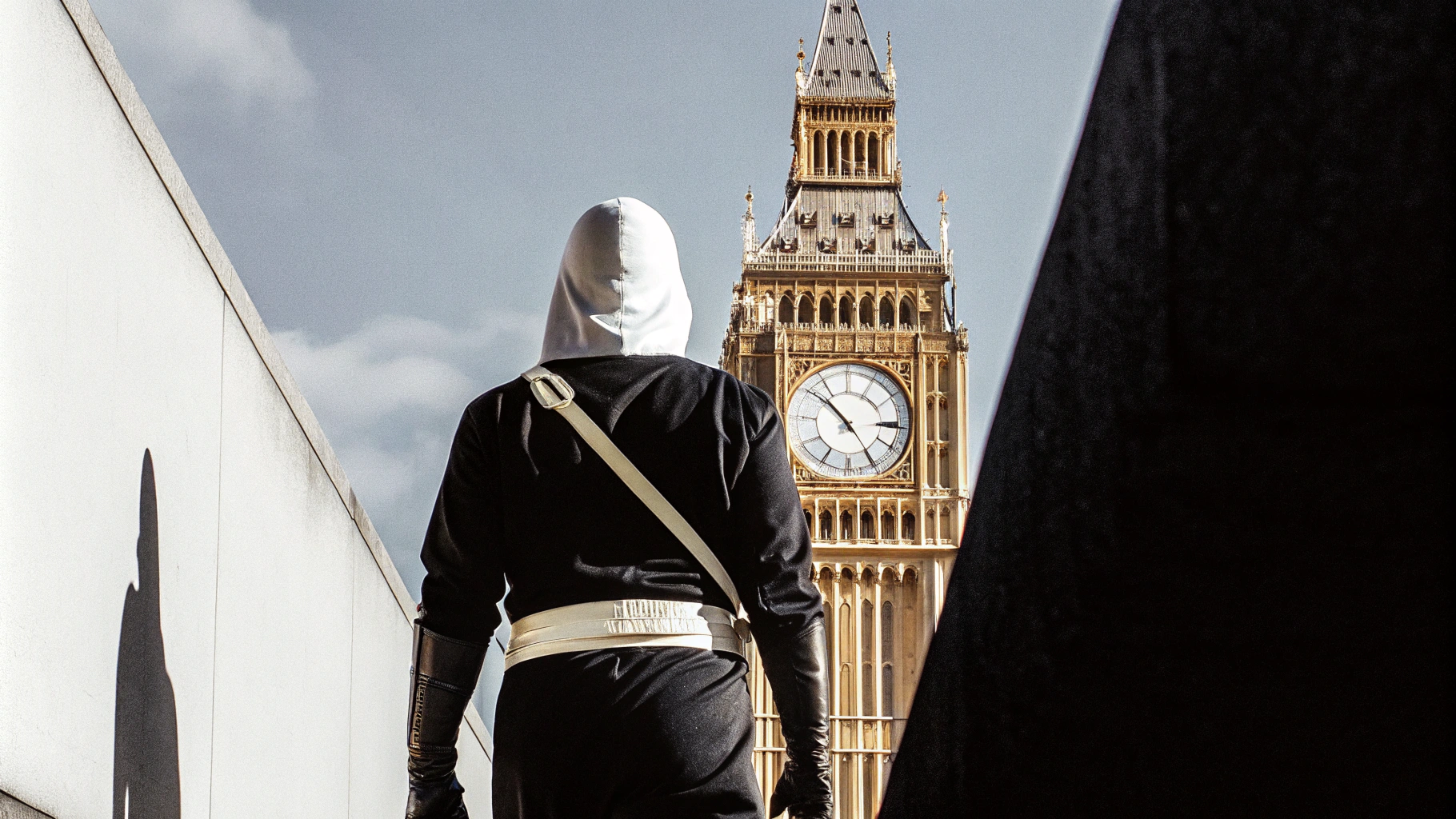 AI generated image by Red Panda AI: A black and white photograph of Big Ben. In the foreground there is a ninja with white belt, wearing a hood and samurai sword in his back, walking towards the Big Ben. The image has high contrast, a hyper-realistic, cinematic, and raw style.