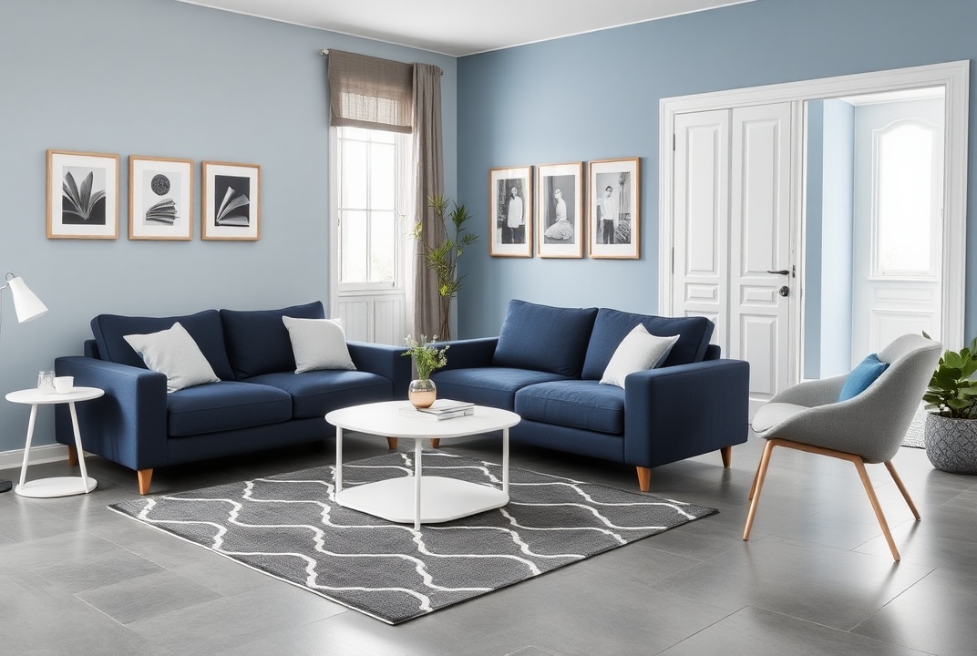 AI generated image by FLUX.1-schnell: soggiorno moderno minimalista con pavimento in resina grigio chiaro, divano a 3 posti con penisola in tessuto blu navy, tavolino bianco, tappeto in vinile con motivi geometrici, mensole con libri e quadri appesi alle pareti, pareti azzurre chiaro e celeste, porta finestra bianca con tende veneziane color grigio chiaro, accessori e complementi arredo di colore bianco completano il soggiorno.
