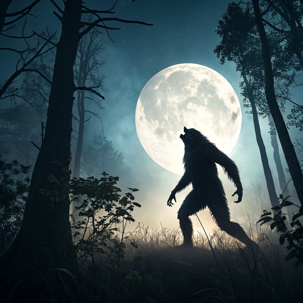 AI generated image by Red Panda AI: a man turning into werewolf with full moon behind him and his in the forest