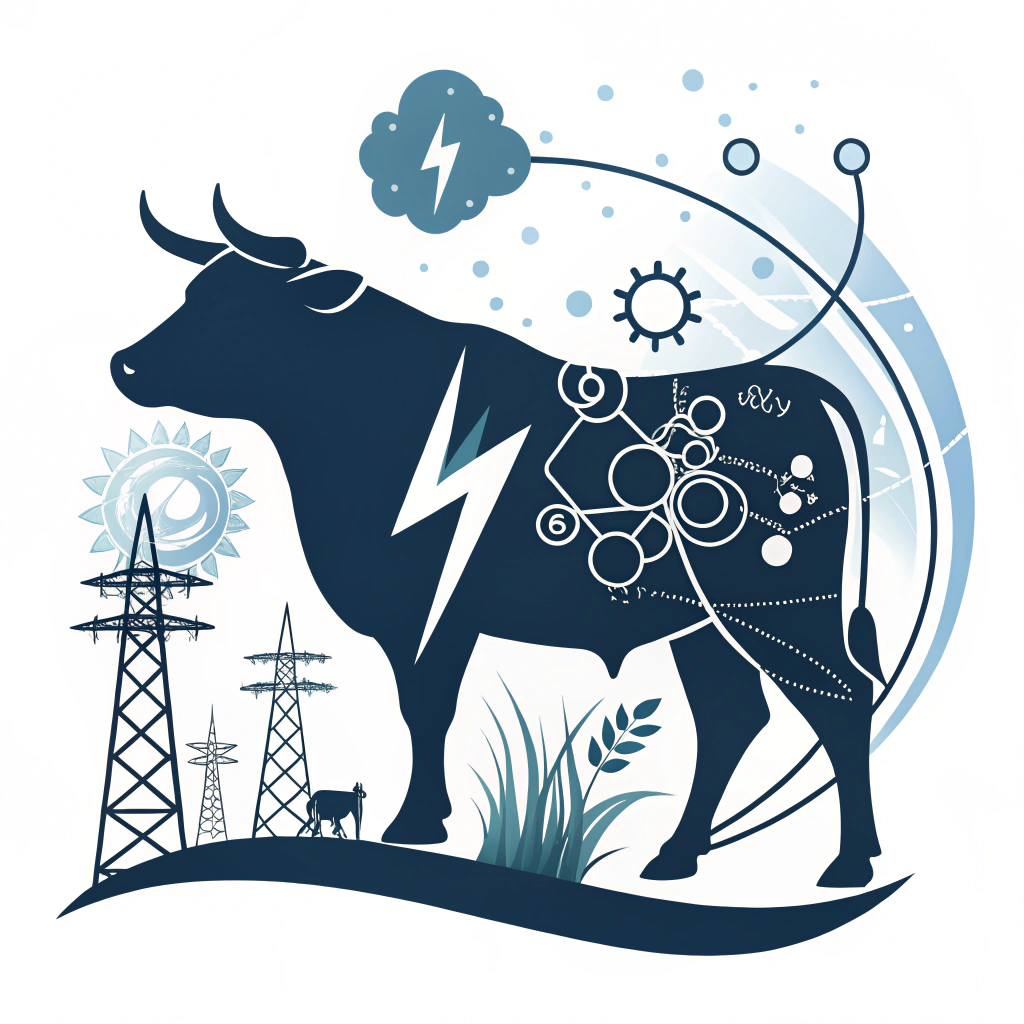 AI generated image by Red Panda AI: Genere un logotipo para una empresa de ganadería sostenible centrada en la energía renovable. El logotipo debe presentar un estilo técnico y abstracto. Utilice la silueta de un toro o vaca como marco principal. Dentro o alrededor de la silueta, integre elementos estilizados que representen la energía renovable: use burbujas sutiles o una estructura molecular estilizada para el metano (CH₄), y líneas o rayos abstractos y dinámicos para la energía solar en lugar de un sol literal. Incorpore una referencia visual sutil a un circuito o un rayo estilizado para representar la Ley de Ohm, enfatizando la eficiencia eléctrica. Usa tonos grices, negros y azulados que transmitan futuro vida y profesionalidad