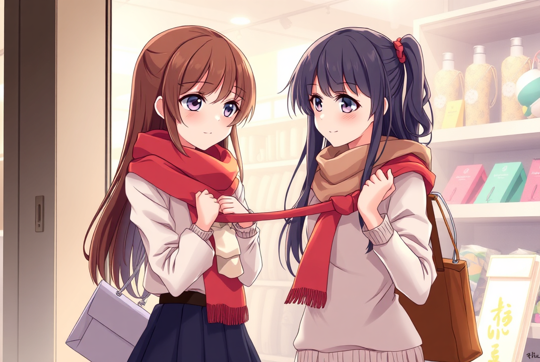 AI generated image by FLUX.1-schnell: Two anime girls are shopping, The girl on the left was about to move forward, but the girl on the right grabbed her scarf, stopping her from moving forward. Her expression showed a bit of embarrassment and helplessness. The girl on the right held her scarf with her right hand, put her left hand on her waist, and looked at the goods in the window, staring at them, as if thinking: I'm going to buy this. in the style of fantasy art painting.
