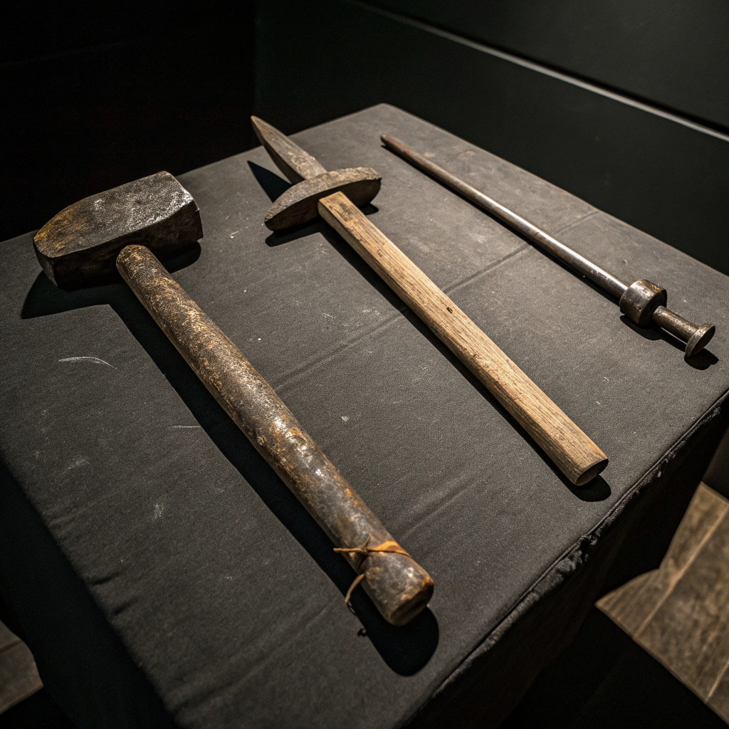 AI generated image by Red Panda AI: three middle age torture tools on a dark table seen from the top, black background
