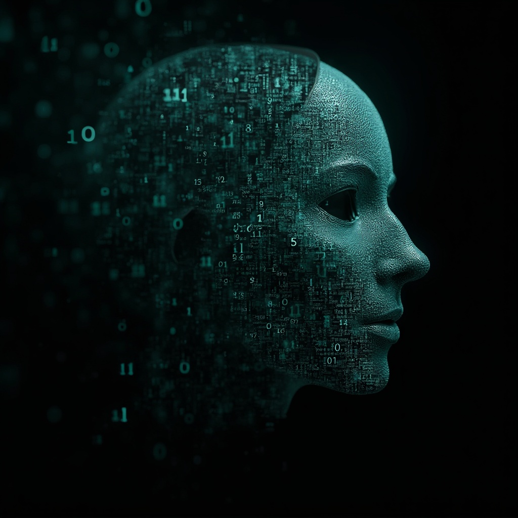 AI generated image by FLUX-Realism-Lora: Ada Lovelace's face as a digital mask made from thousands of turquoise numbers and formulas forming his face. the formulas and numbers fly behind the mask leaving a trail of complexity. the mask is floating dynamically in mid air. his head is turned to the right but his eyes are looking directly into the camera. the mask is on a black background.  like a png with black only background. photo realistic, sci-fi, human features hair