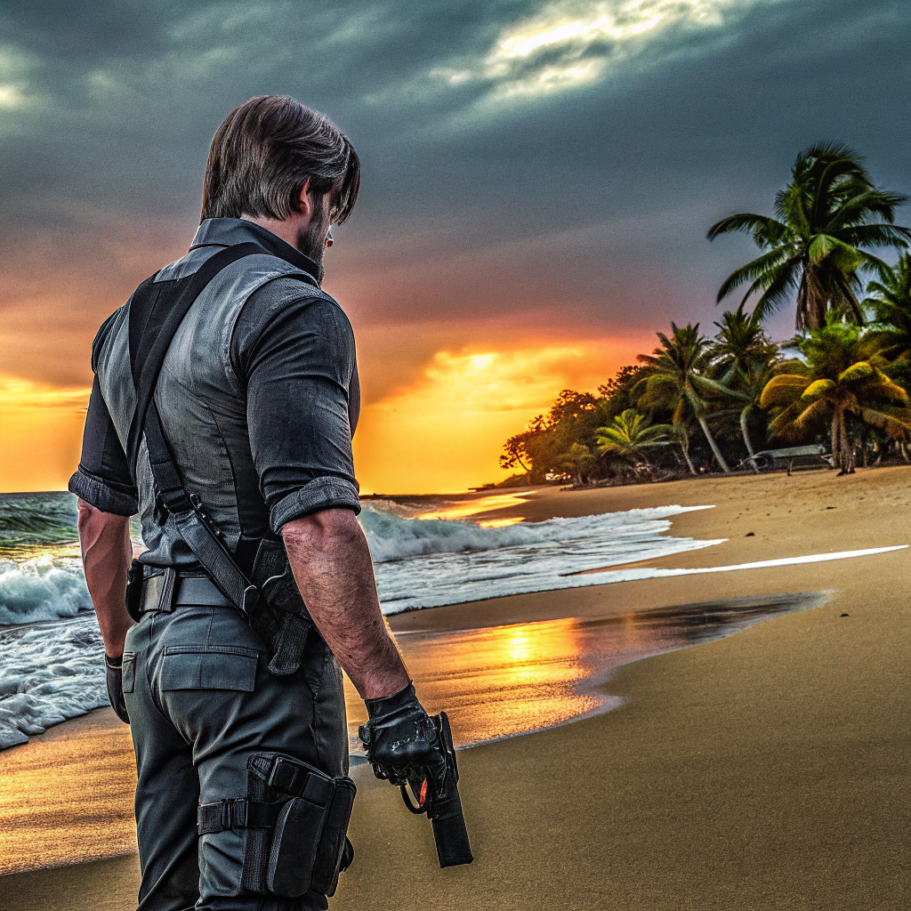 AI generated image by Red Panda AI: leon from resident evil 4 in beach in brazil , realistic