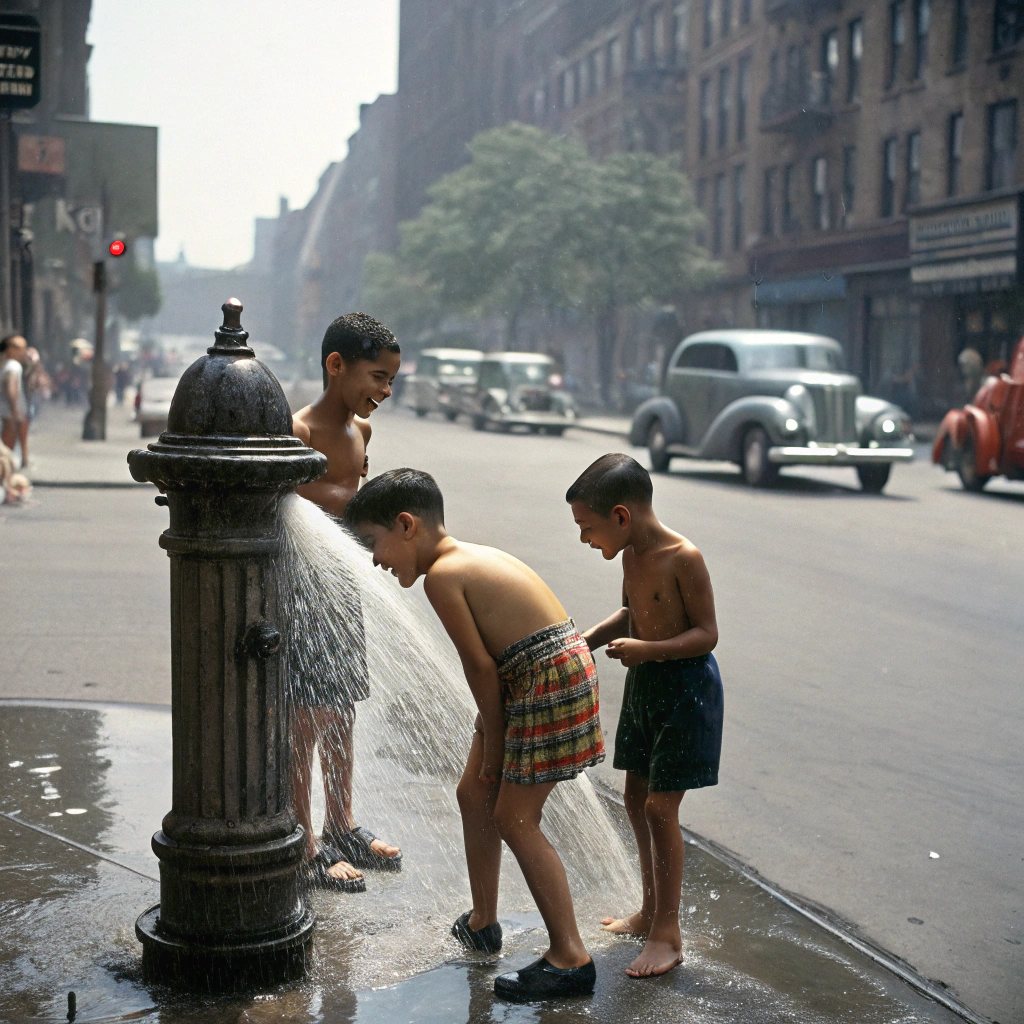 AI generated image by Red Panda AI: tres niños divirtiéndose mientras juegan con el agua en la calle,  al lado de una boca de incencdios que emana agua, en nueva york, en los años veinte, en verano