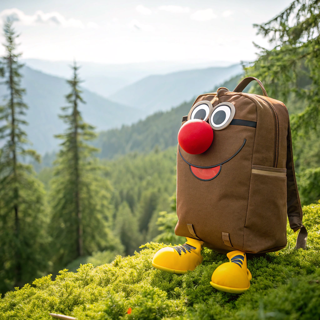 AI generated image by Red Panda AI: Imagina una mochila con una cara marrón amigable y una nariz roja, larga y caída, que se encuentra en un bosque vibrante. Sus grandes pies amarillos le dan un toque divertido, mientras que los árboles verdes y la luz del sol crean un ambiente acogedor y lleno de aventura. La mochila se destaca en el paisaje, con su expresión simpática que invita a la exploración. Los ojos brillantes parecen observar todo a su alrededor, mientras que la nariz roja, que cuelga de manera cómica que tenga lentes de sol puestos
