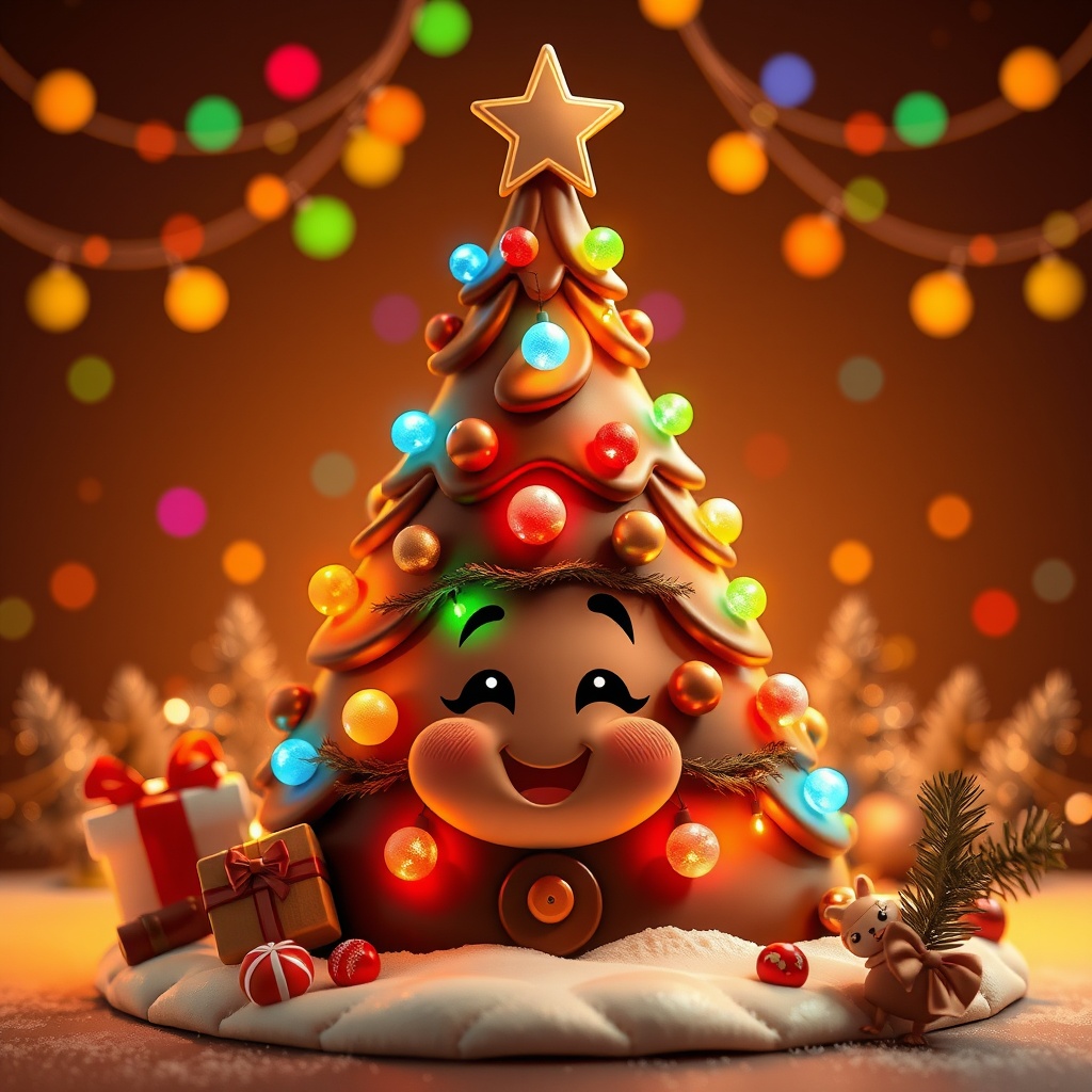 AI generated image by FLUX.1-schnell: A animation and festive chocolate Christmas tree with colorful lights and ornaments. The scene radiates joy and warmth, perfectly embodying the spirit of Christma. with face and so happy and life cute, so so cute. background brown
