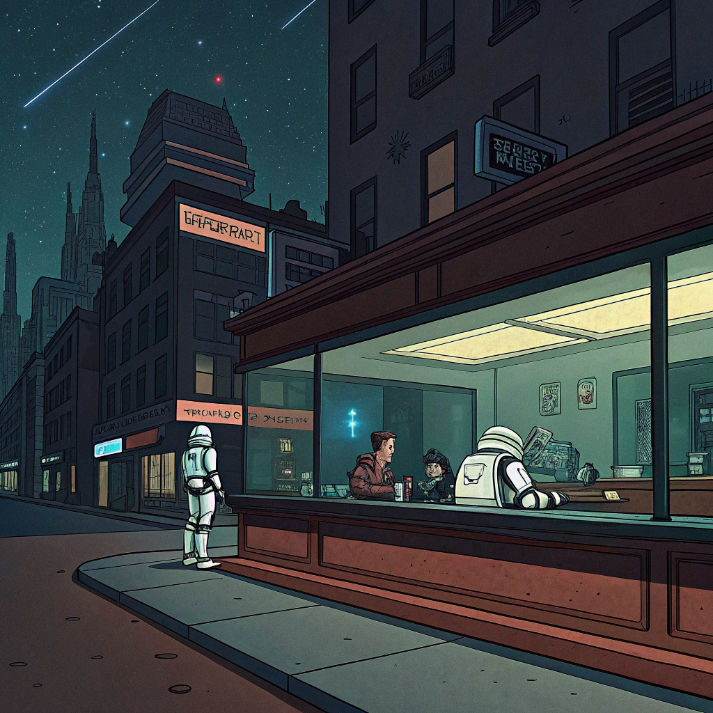 AI generated image by Red Panda AI: a cyber punk version of edward hoppers the nighthawks, but set in a grungy bar in an asteroid spacedock. drawn with a 90's sicifi anime esthetic, like ghost in a shell. make it seem like they are a small part of a very large structure
