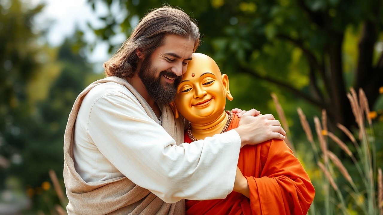 AI generated image by FLUX.1-schnell: Jesus and the buddha Gautama hugging, photo realistic, bright outdoors in a natural setting