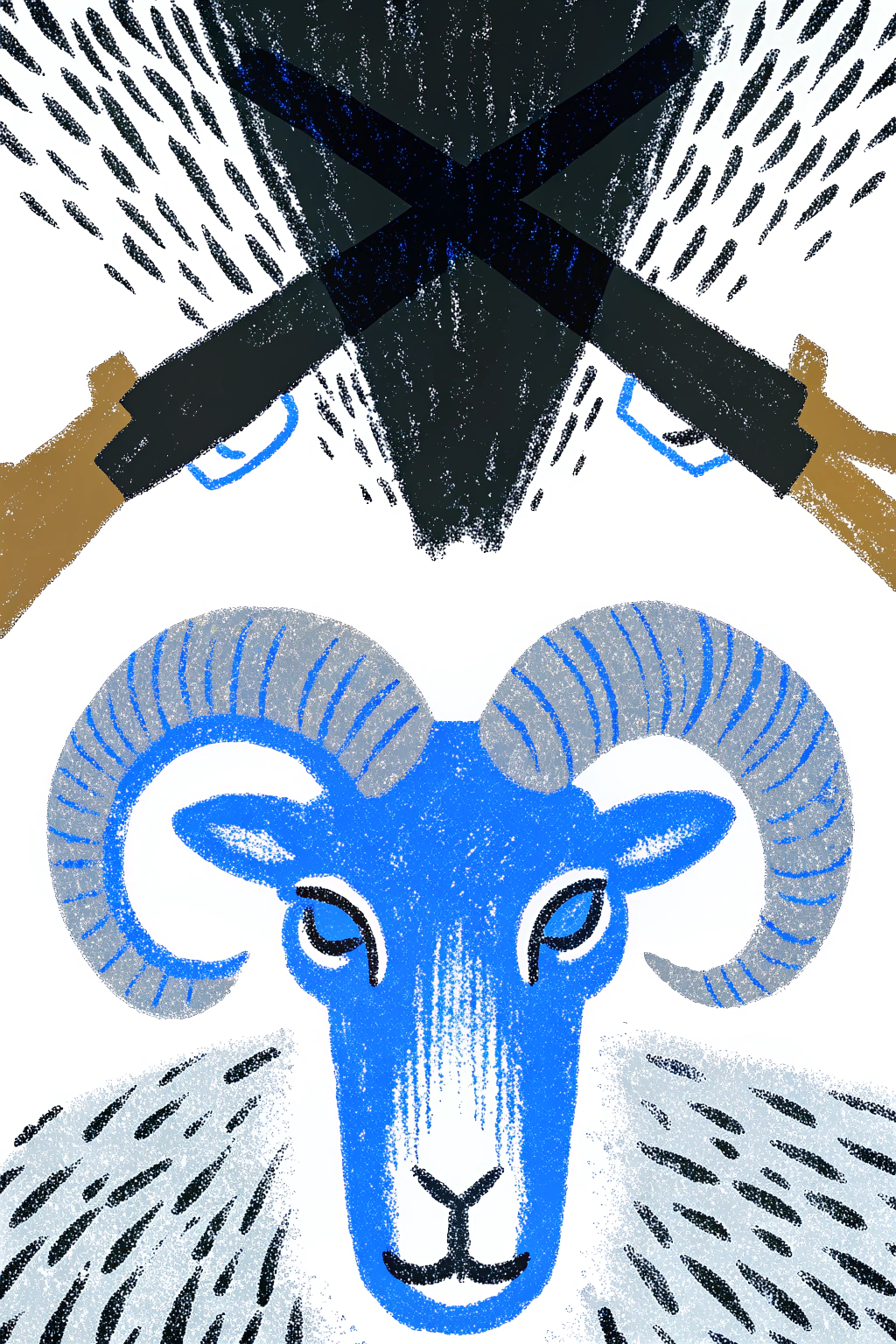 AI generated image by Red Panda AI: Ink drawing of a ram's head on a black background at the bottom of the frame, staring directly at the camera, with a hunting gun barrel aimed at its head from above in the middle of the frame, detailed anatomical accuracy of the ram and intricate details of the hunting weapon, cinematic composition, high contrast, monochrome, dramatic lighting, masterpiece by an unknown artist, 4k resolution  

[Negative Prompt] blurry, distorted, cartoonish, unrealistic proportions, color elements