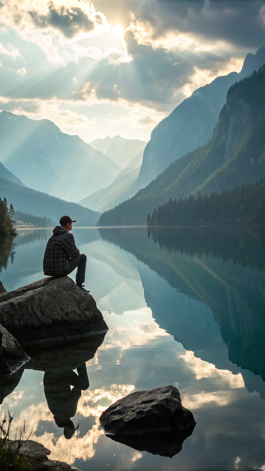 AI generated image by Red Panda AI: A lone man sitting on a rock by a calm, mirror-like lake surrounded by tall mountains, the reflection emphasizing peace and inner strength. The image is vertical, highlighting the man and the vastness of nature, with soft sunlight and serene tones.