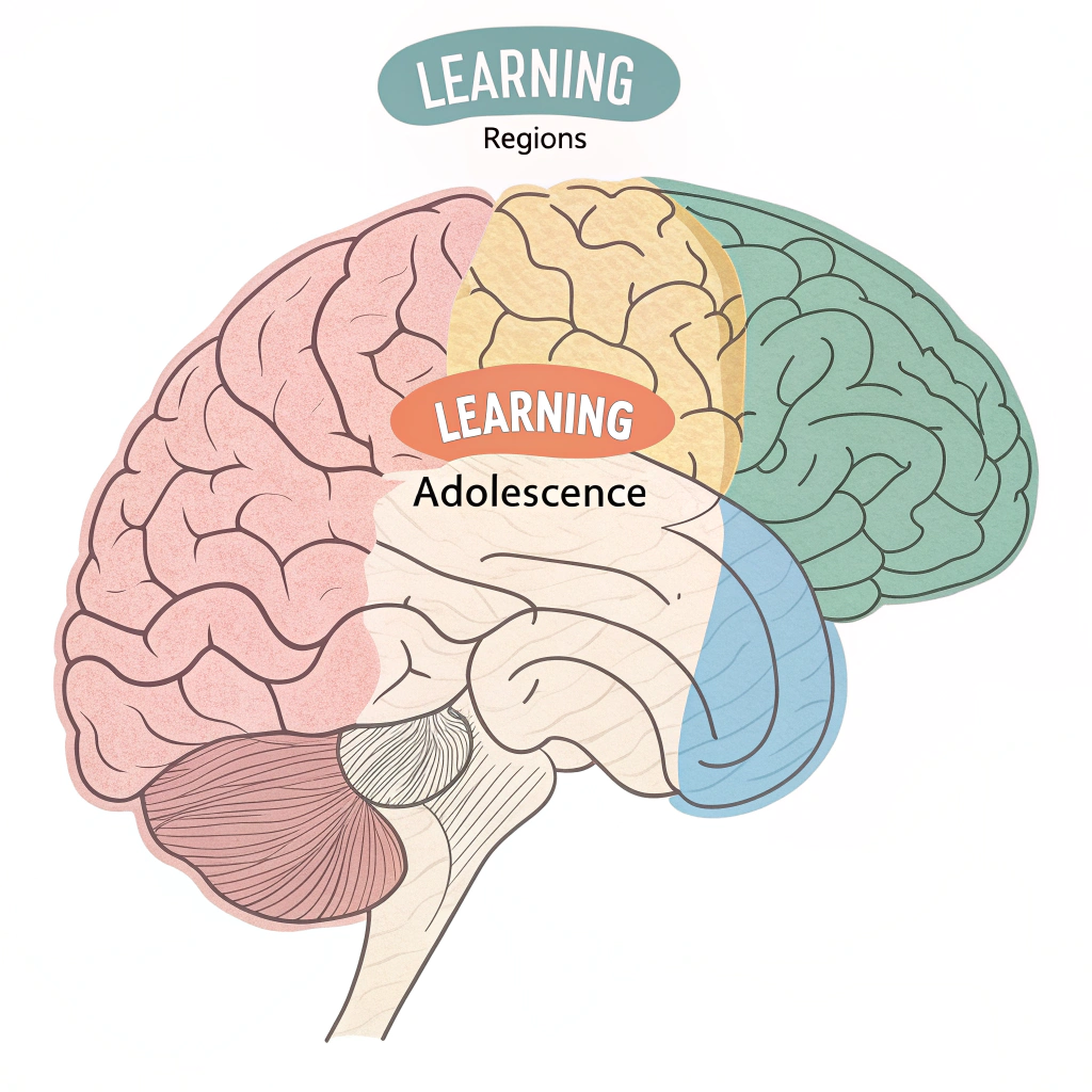 AI generated image by Red Panda AI: crea una imagen del cerebro humano, destaca con distintos colores en tono pastel las areas involucradas en el proceso de aprendizaje. coloca el nombre y una breve descripcion de su funcion en el proceso de aprendizaje. debajo como aclaración coloca datos de su maduracion durante la adolescencia

