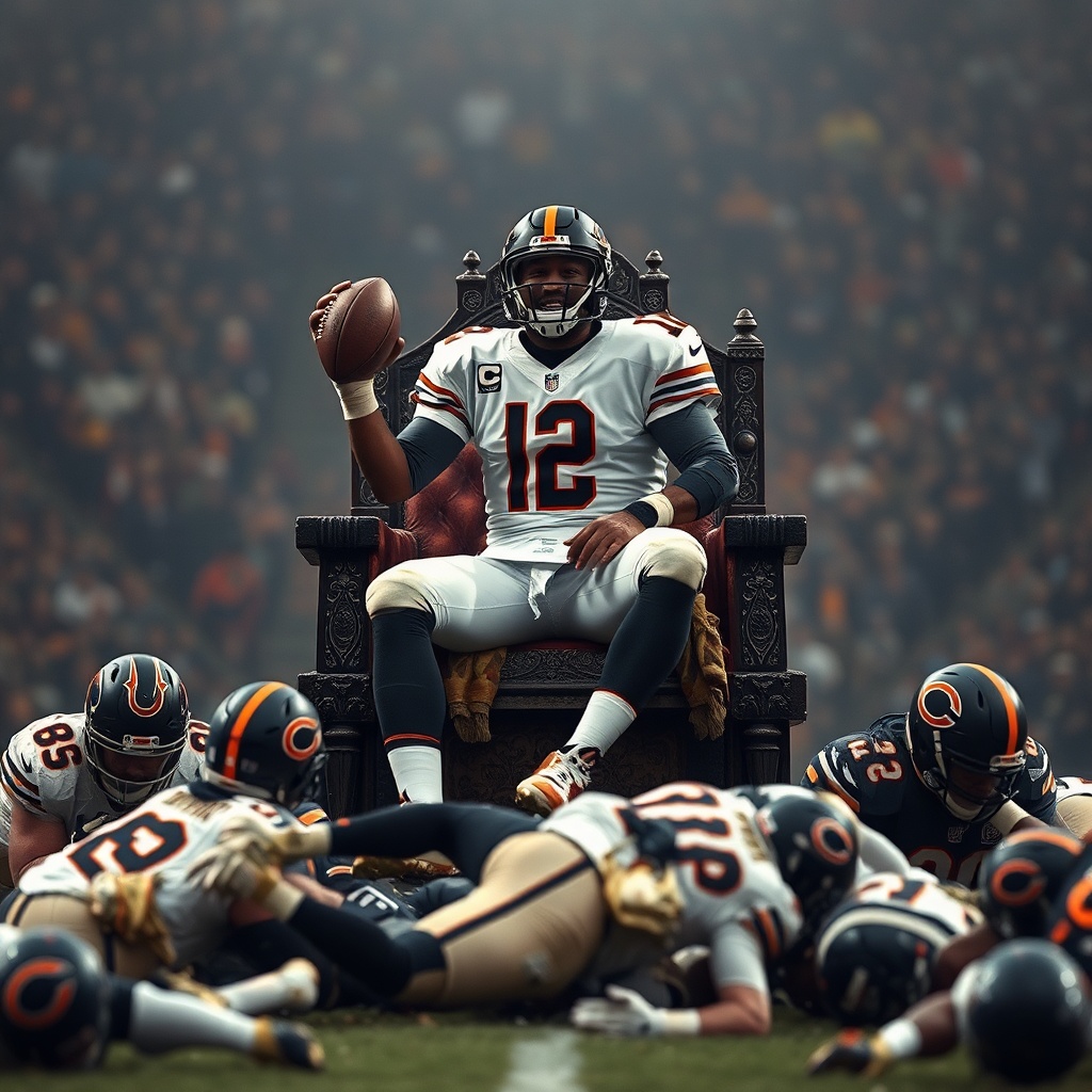 AI generated image by FLUX.1-schnell: Bears QB Caleb Williams sitting on the NFC north throne atop the broken bodies of his opponents