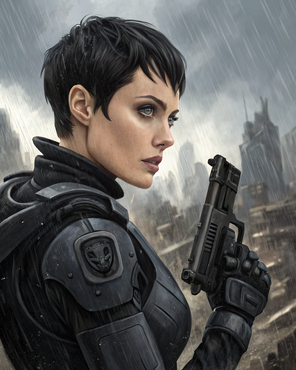 AI generated image by FLUX.1-schnell: Create a flat watercolor wash painting, cover art magazine illustration of (Angelina Jolie:1.5), short black modern hairstyles, (focusing on her likeness and eye's expression:1.3). Wearing futuristic military black stealth Mecha exo armor, fully mechanical arm's holding a handgun, dynamic handgun pose, overcast heavy rain City ruins background, intense realism artistry