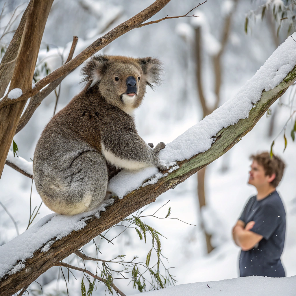 AI generated image by Red Panda AI: Imagen realista de un coala de bazos cruzados, con rostro enojado, en la rama horizontal de un árbol, en un ambiente todo nevado.