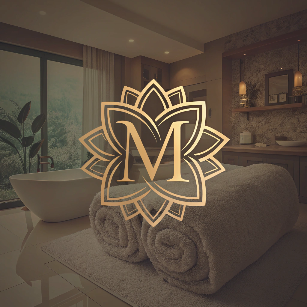 AI generated image by Red Panda AI: An elegant logo, geometric 'M' where the letter's shape subtly incorporates lotus top part. solid shape, soft curves. Sophisticated design suitable for high-end spa branding. Vector illustration that looks crisp when scaled for towels, gifts, or signage.