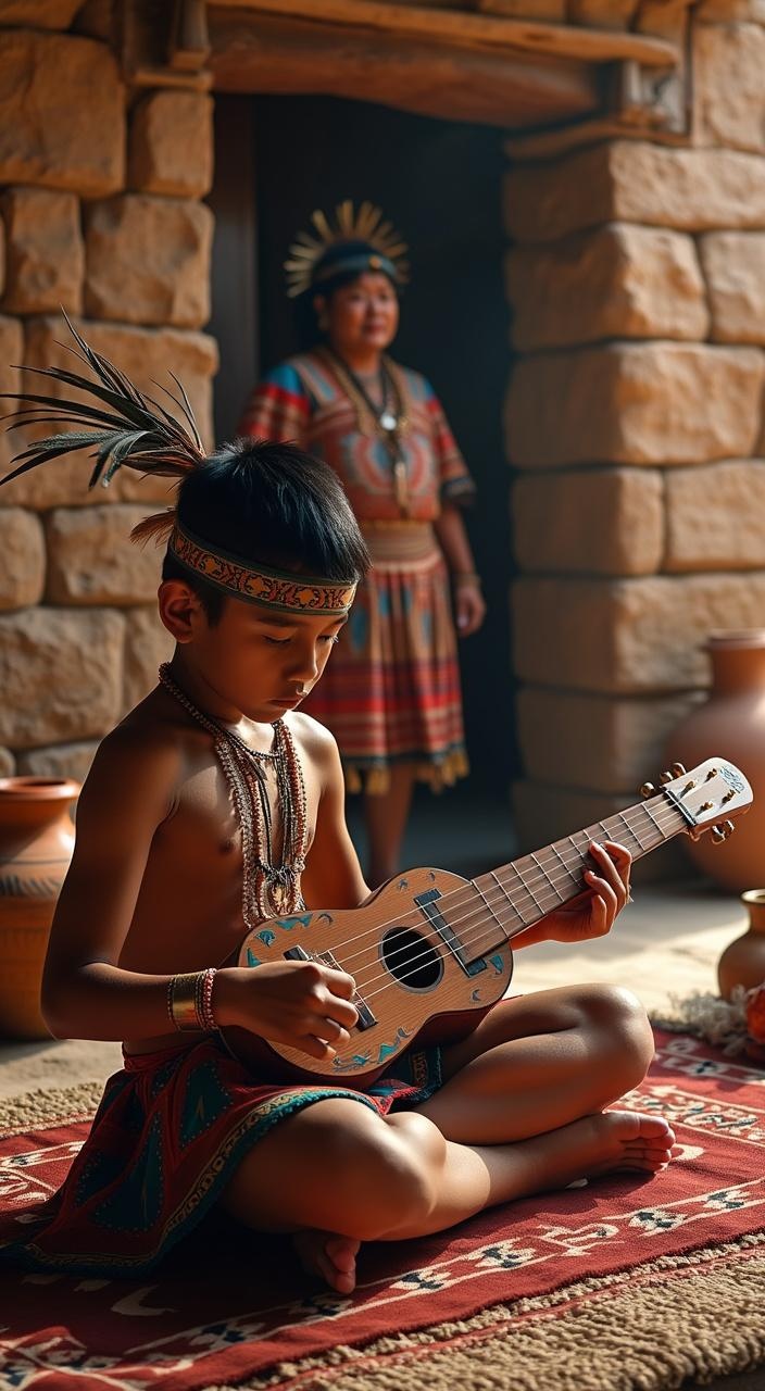 AI generated image by FLUX.1-pro: Un joven de rasgos indigenas del Imperio Incaico aprendiendo música en un Yachay Wasi, la antigua casa del saber. Está sentado con las piernas cruzadas sobre un tapiz tejido, tocando una quena o una zampoña andina. A su alrededor, muros de piedra con grabados simbólicos, vasijas de cerámica y objetos ceremoniales. La luz natural entra suavemente por una puerta de piedra abierta, iluminando el ambiente sagrado y tranquilo. El joven viste ropa tradicional inca con diseños geométricos y una vincha en la cabeza. Al fondo, un maestro con vestimenta ceremonial lo observa o lo guía. Estilo realista, tonos cálidos, ambientación de tarde.