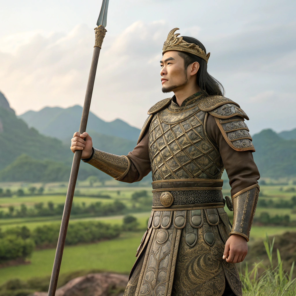 AI generated image by Red Panda AI: Create a realistic and detailed image of Saint Giong, a legendary hero from Vietnamese history, envisioned as if he were a real historical figure. Saint Giong should appear as a powerful young warrior, around 18-20 years old, with a determined and noble expression. He is dressed in ancient Vietnamese armor with intricate patterns, inspired by traditional designs, and is holding a long iron rod as a weapon. His physique is strong and imposing, symbolizing his legendary strength. The background depicts a rural Vietnamese landscape with lush greenery and distant mountains, capturing the natural beauty of ancient Vietnam. The scene should convey both strength and peace, symbolizing Saint Giong’s heroism and dedication to protecting his homeland.