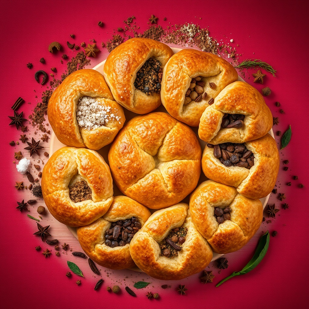 AI generated image by FLUX.1-schnell: An aerial shot of several esfirhas arranged in a circular pattern, alternating between savory and sweet flavors, surrounded by spices like cinnamon, cloves, and sugar for the sweet options, and zaatar and fresh herbs for the savory ones. The setting is on a light wooden table with a deep red background, with spices surrounding the esfirhas to create an appealing, flavorful frame. Soft, evenly distributed lighting enhances the colors and textures of the esfirhas, creating a balanced and appetizing scene. Captured with a Canon EOS 5D Mark IV and a 24-70mm f/2.8 lens, the focus encompasses the entire arrangement, highlighting the rich, inviting look of each esfiha.