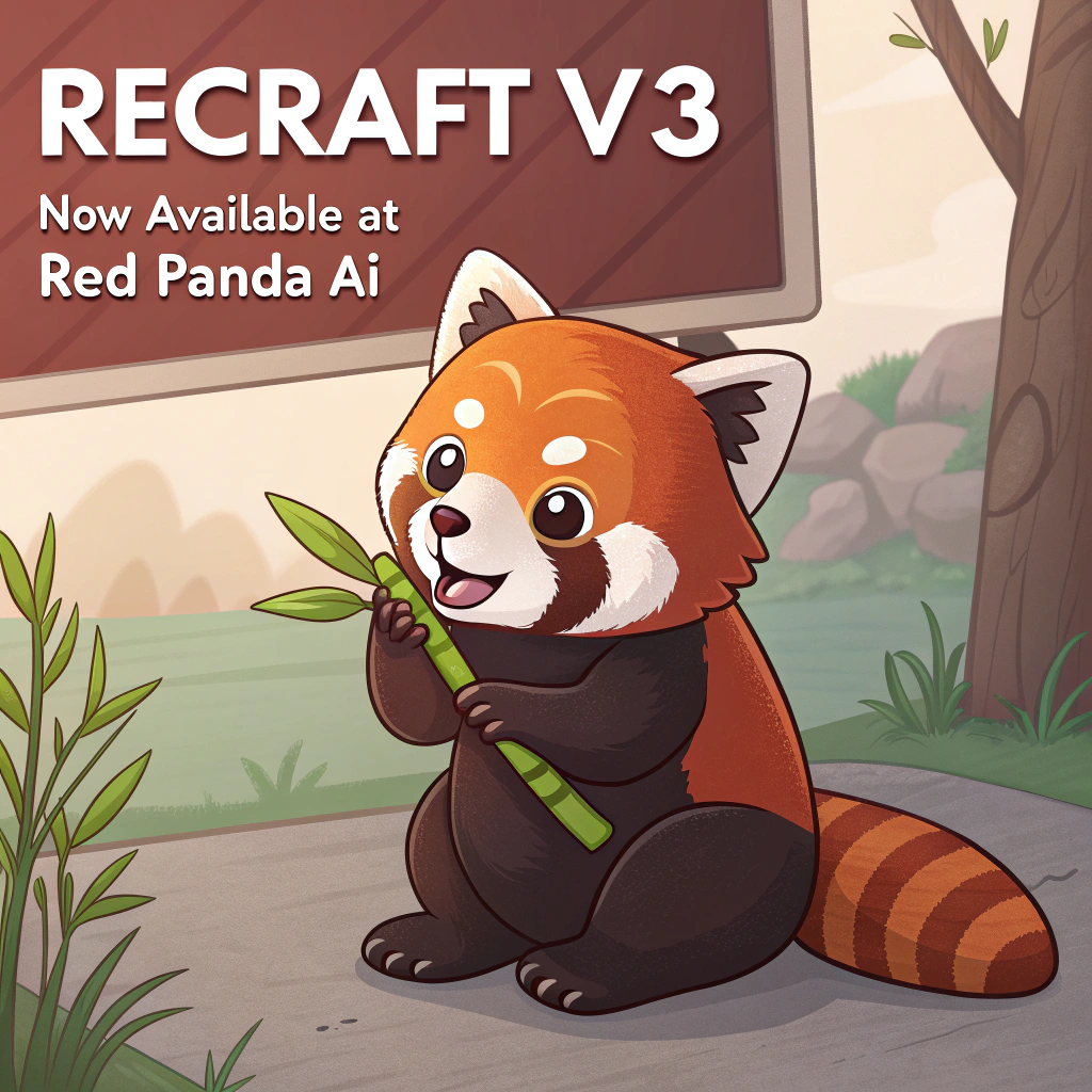 AI generated image by Red Panda AI: a red panda eating a bamboo in front of a poster that says "recraft V3 now available at red panda ai