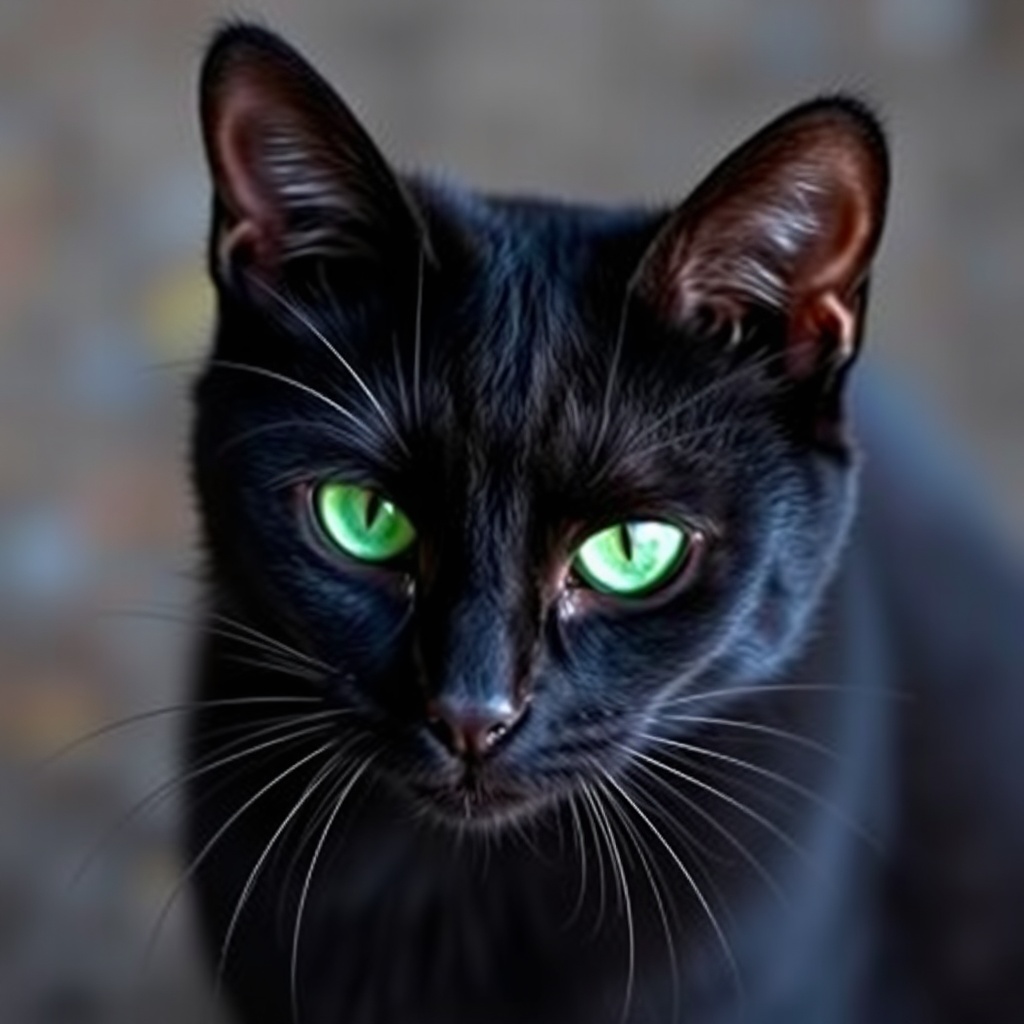 AI generated image by FLUX.1-schnell: Black scary cat with green eyes