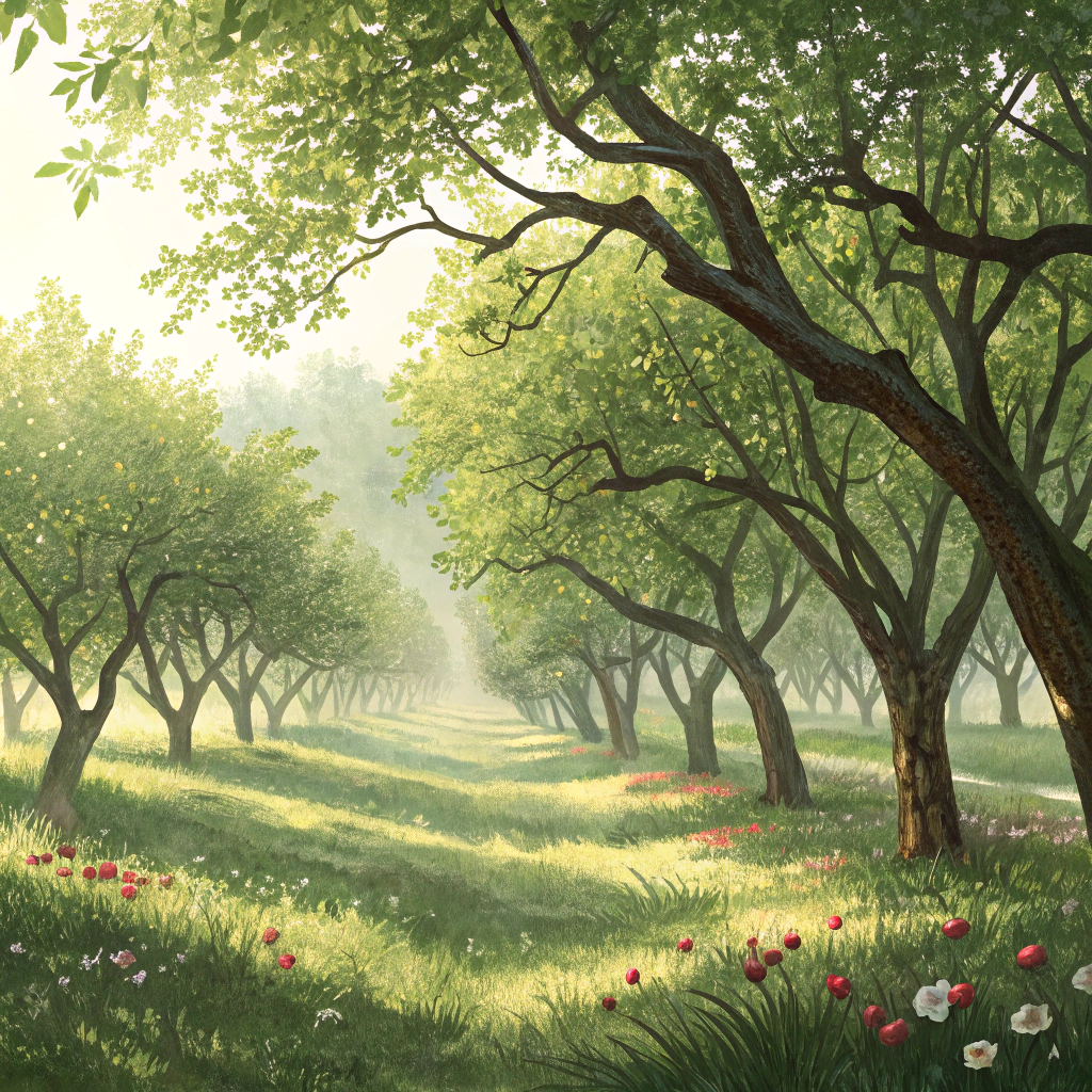 AI generated image by Red Panda AI: El aire del huerto orea
y ofrece mil olores al sentido;
los árboles menea
con un manso ruïdo
que del oro y del cetro pone olvido.

