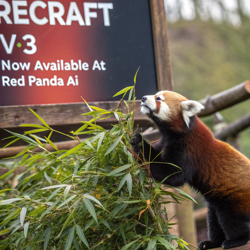 AI generated image by Red Panda AI: a red panda eating a bamboo in front of a poster that says "recraft V3 now available at red panda ai