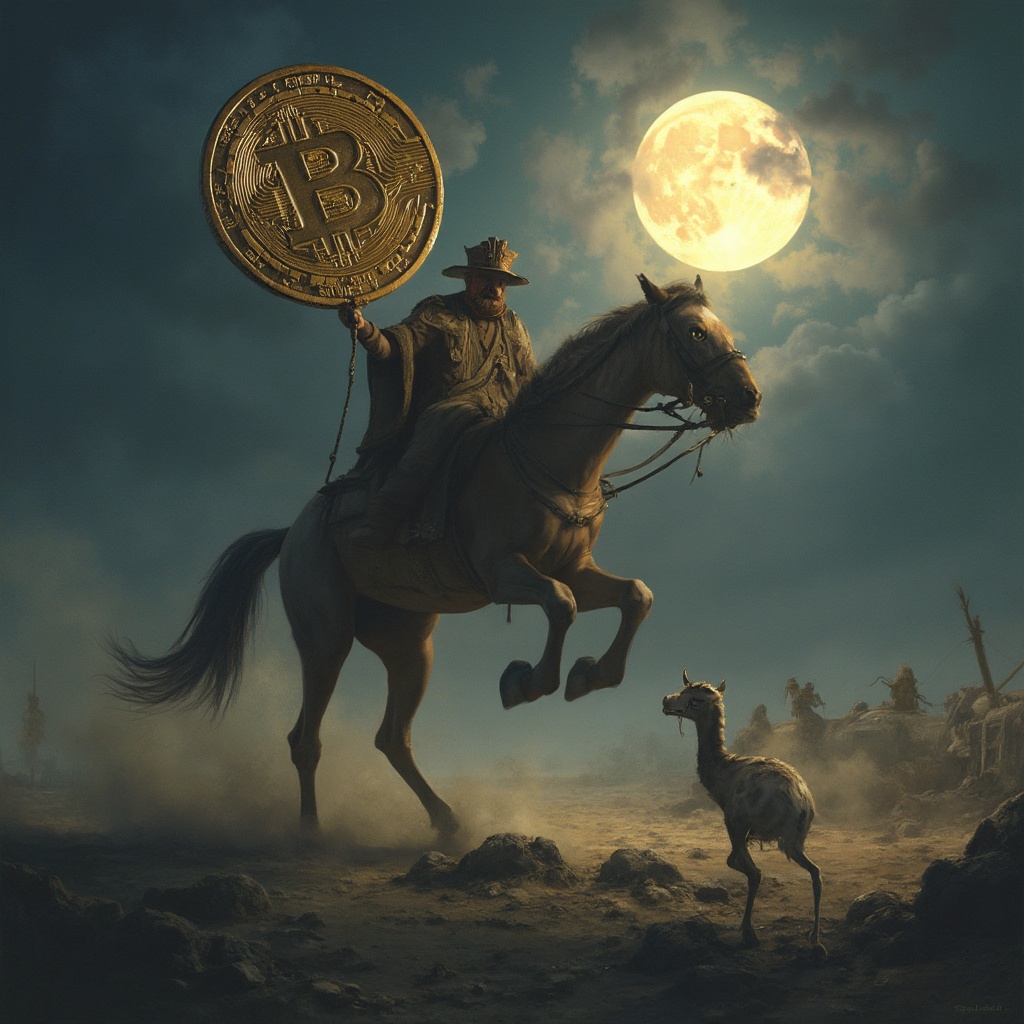 AI generated image by FLUX-Realism-Lora: Un Bitcoin arriba de un camello corriendo. En el suelo hay un niño sonriendo. Al fondo se ve la Luna llena brillando