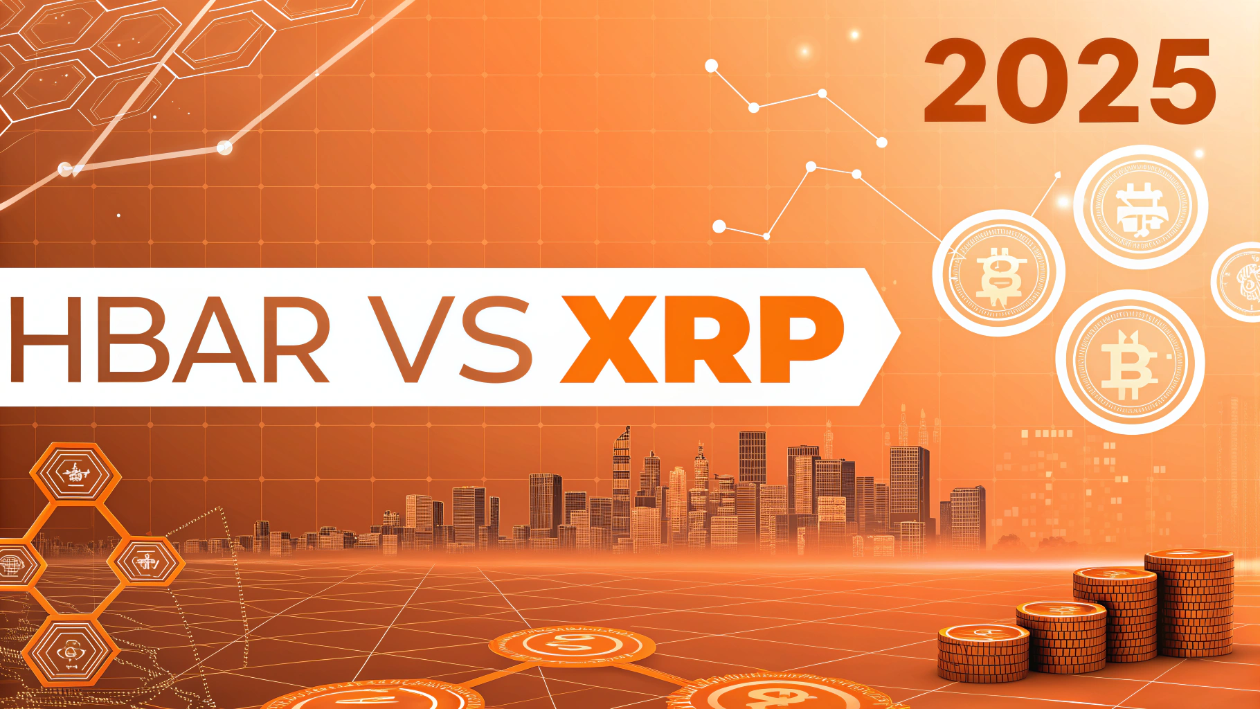 AI generated image by Red Panda AI: Futuristic banner for a blogpost, with fintech sci-fi orange theme colors and fintech background with blockchain, payment element in  financial article style. Big title "HBAR vs XRP" and small title "2025"