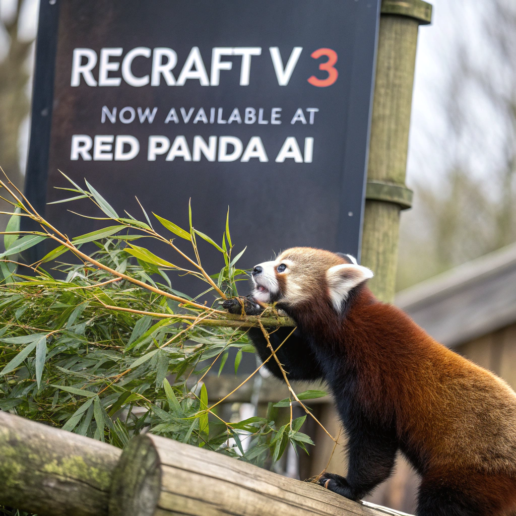 AI generated image by Red Panda AI: a red panda eating a bamboo in front of a poster that says "recraft V3 now available at red panda ai